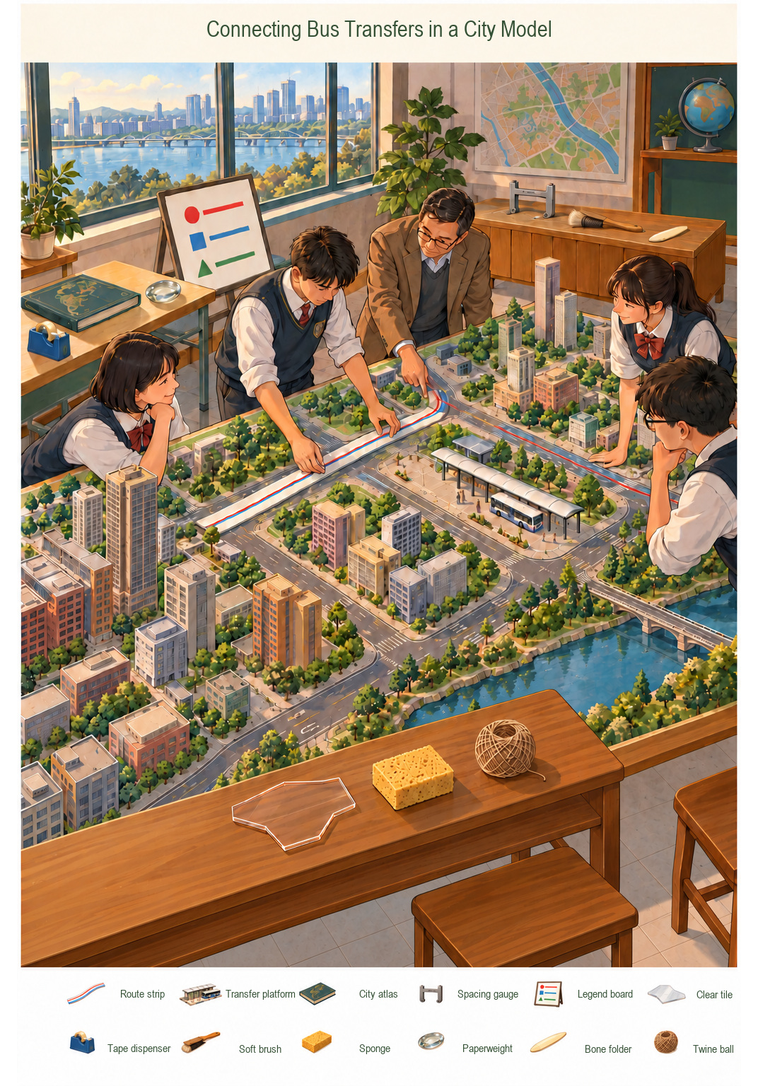Connecting Bus Transfers in a City Model – full-color hidden picture puzzle with 12 objects to find