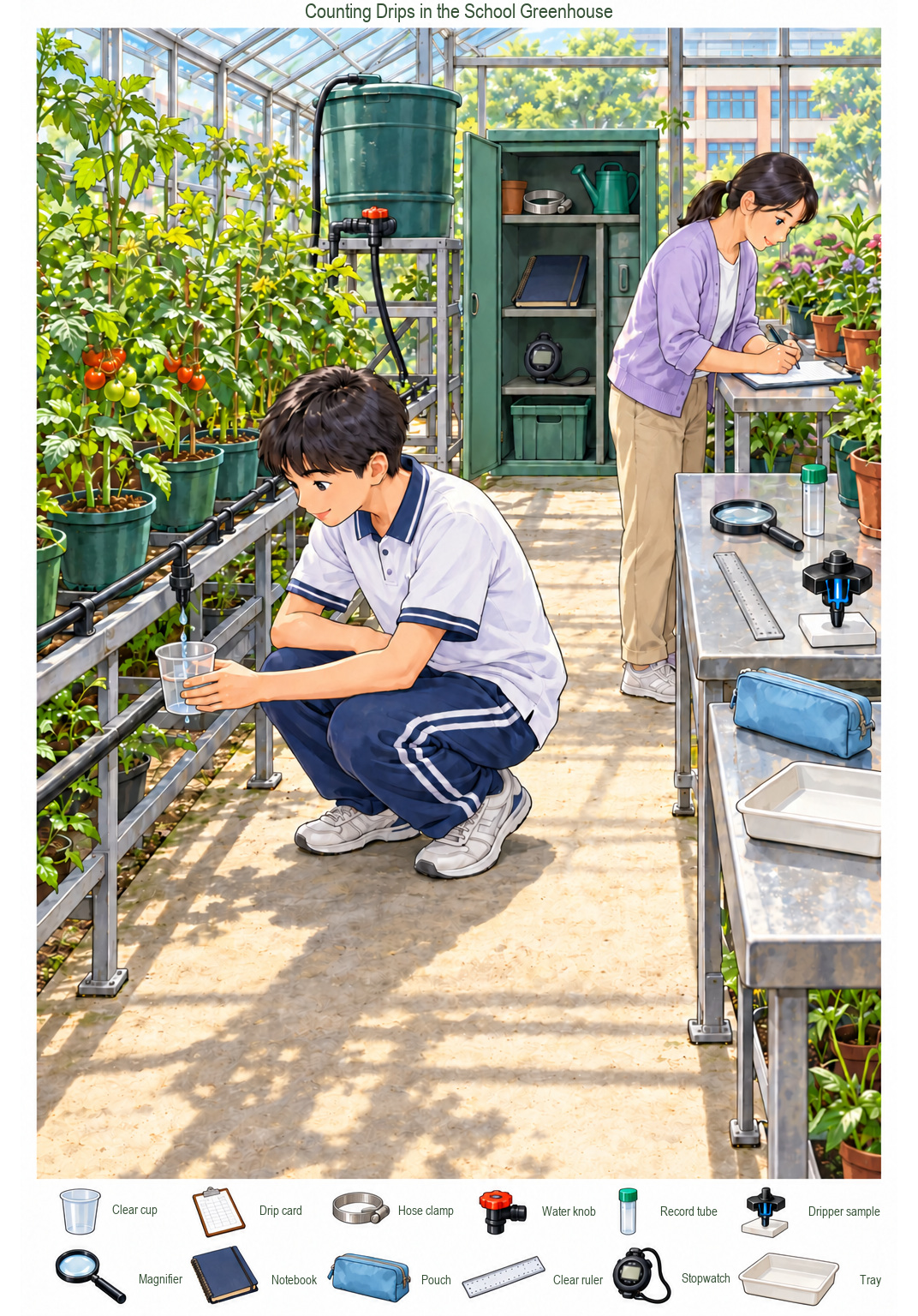 Counting Drips in the School Greenhouse – full-color hidden picture puzzle with 12 objects to find