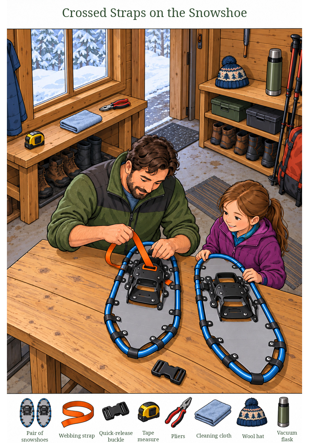 Crossed Straps on the Snowshoe – full-color hidden picture puzzle with 8 objects to find