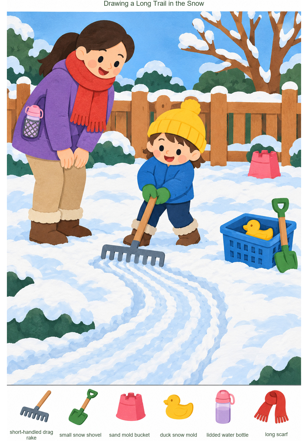 Drawing a Long Trail in the Snow – full-color hidden picture puzzle with 6 objects to find