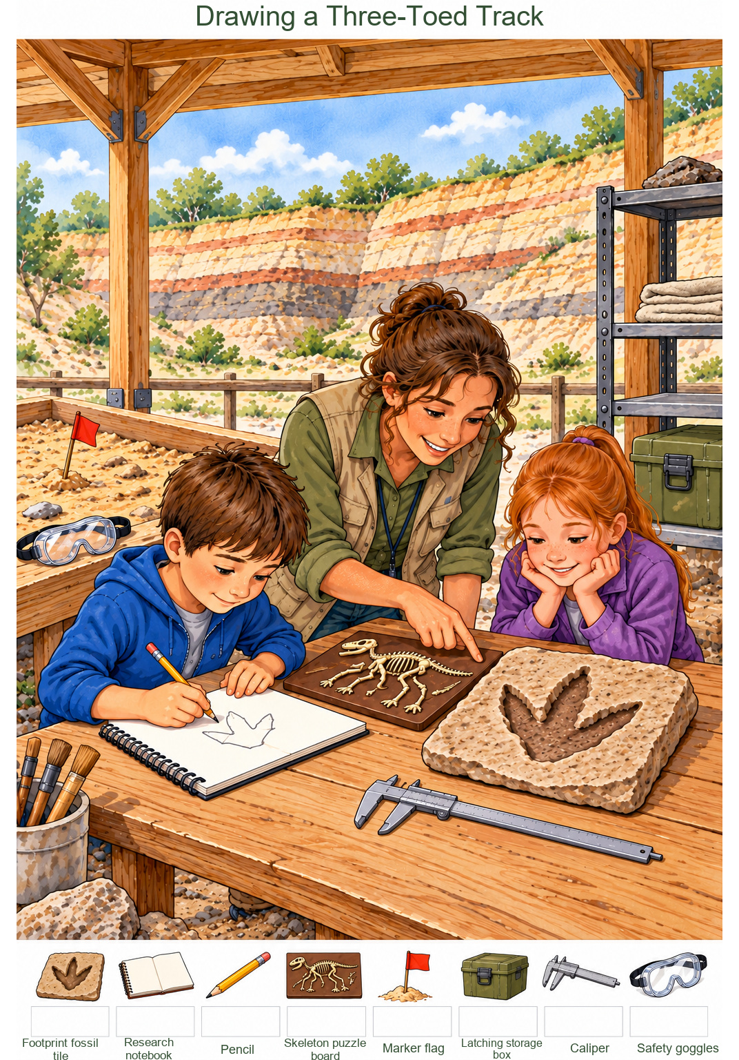 Drawing a Three-Toed Track – full-color hidden picture puzzle with 8 objects to find
