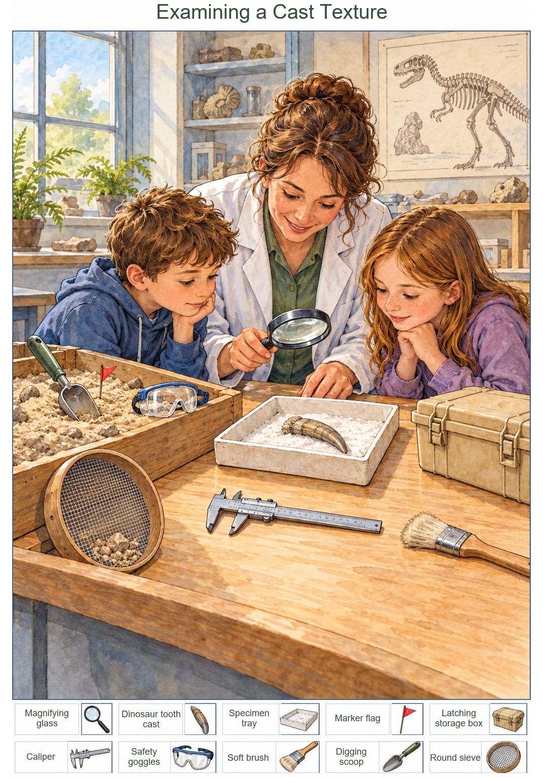 Examining a Cast Texture – full-color hidden picture puzzle with 10 objects to find