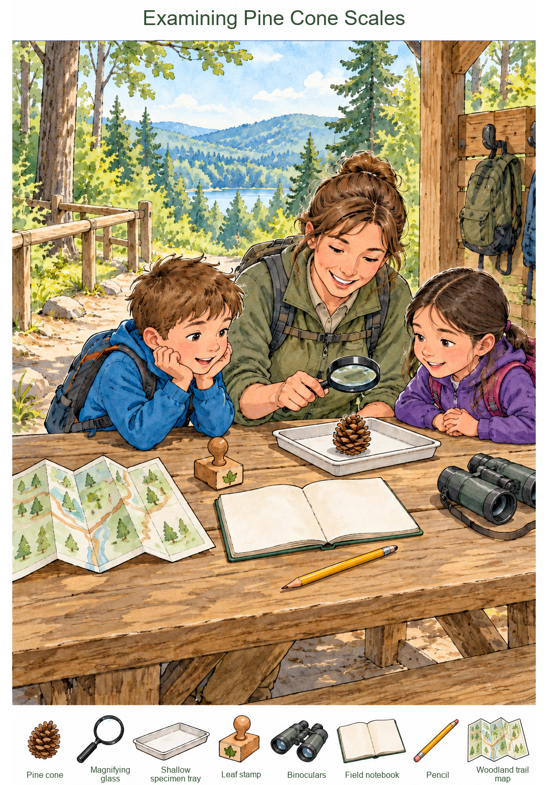 Examining Pine Cone Scales – full-color hidden picture puzzle with 8 objects to find
