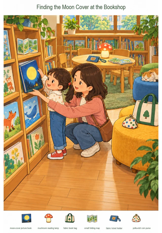 Finding the Moon Cover at the Bookshop colorful hidden picture puzzle preview