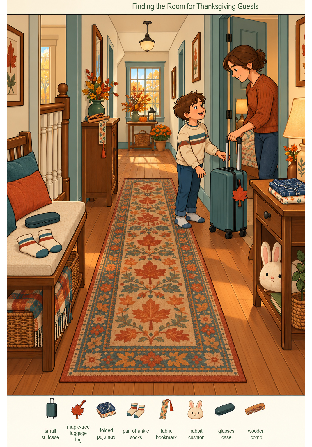 Finding the Room for Thanksgiving Guests – full-color hidden picture puzzle with 8 objects to find