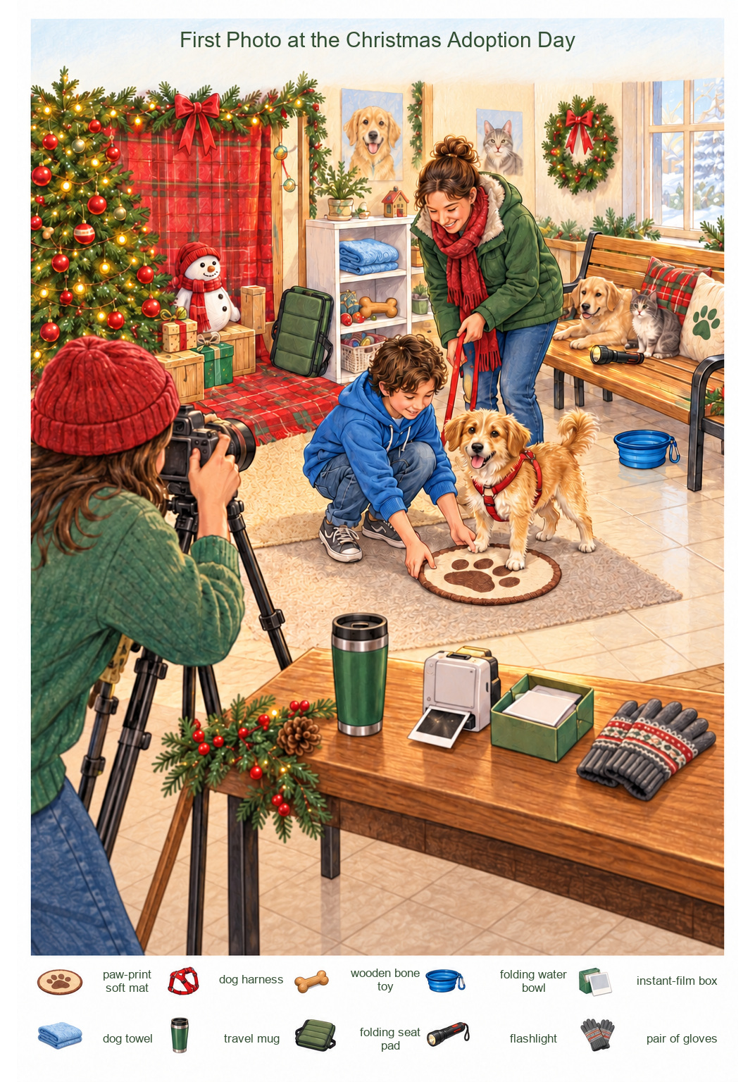 First Photo at the Christmas Adoption Day – full-color hidden picture puzzle with 10 objects to find