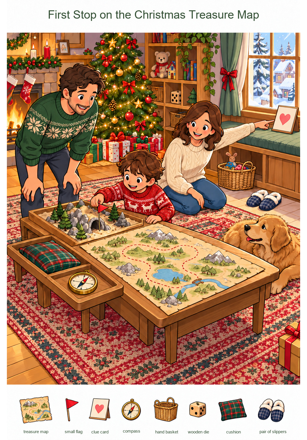 First Stop on the Christmas Treasure Map – full-color hidden picture puzzle with 8 objects to find