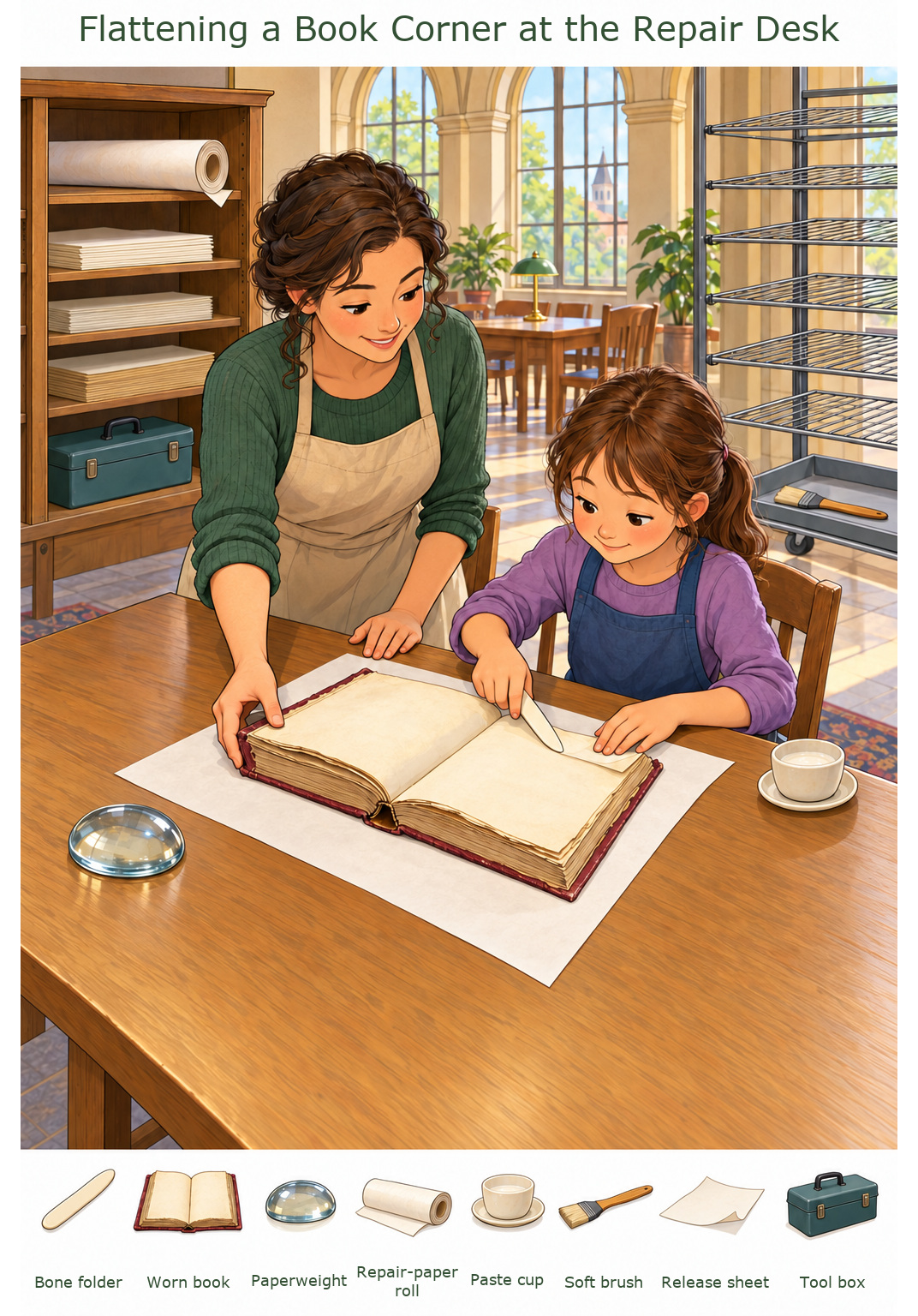Flattening a Book Corner at the Repair Desk – full-color hidden picture puzzle with 8 objects to find