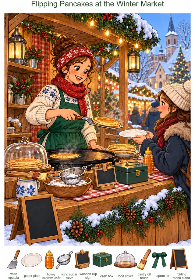 Flipping Pancakes at the Winter Market colorful hidden picture puzzle preview