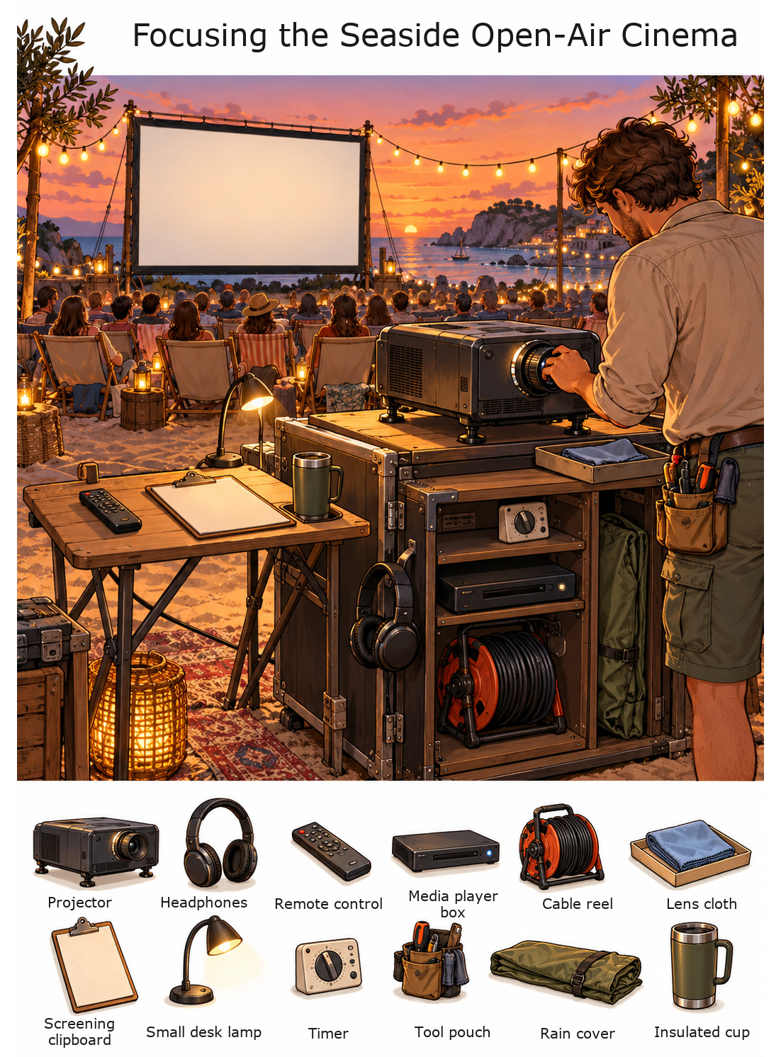 Focusing the Seaside Open-Air Cinema – full-color hidden picture puzzle with 12 objects to find