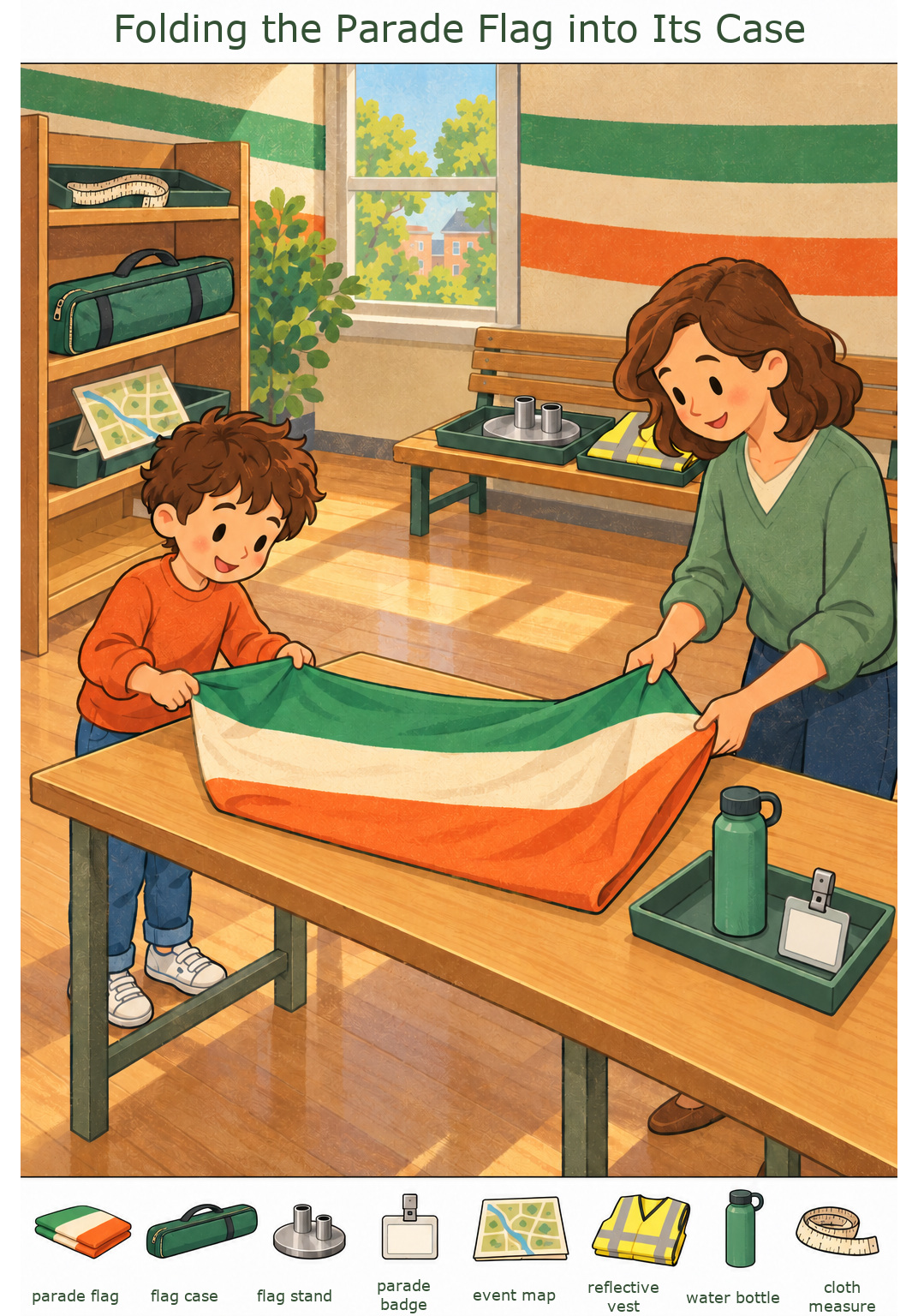Folding the Parade Flag into Its Case – full-color hidden picture puzzle with 8 objects to find