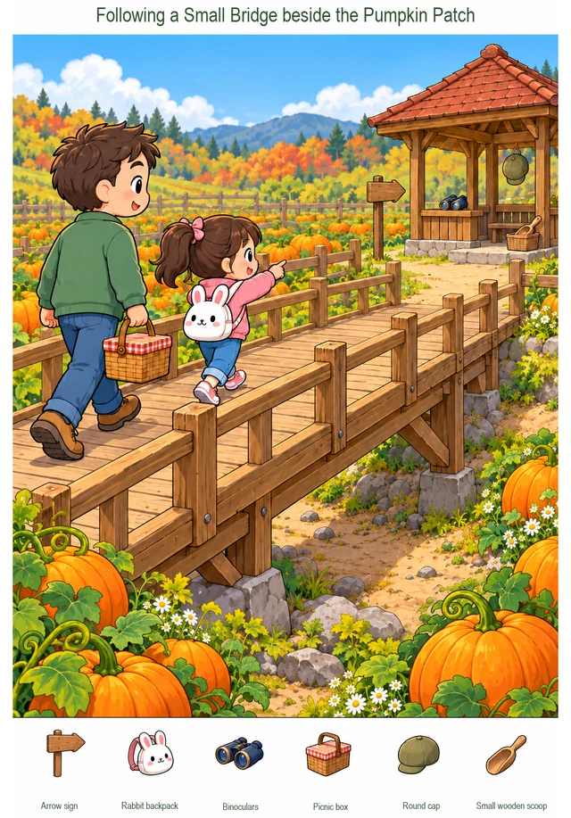 Following a Small Bridge beside the Pumpkin Patch colorful hidden picture puzzle preview