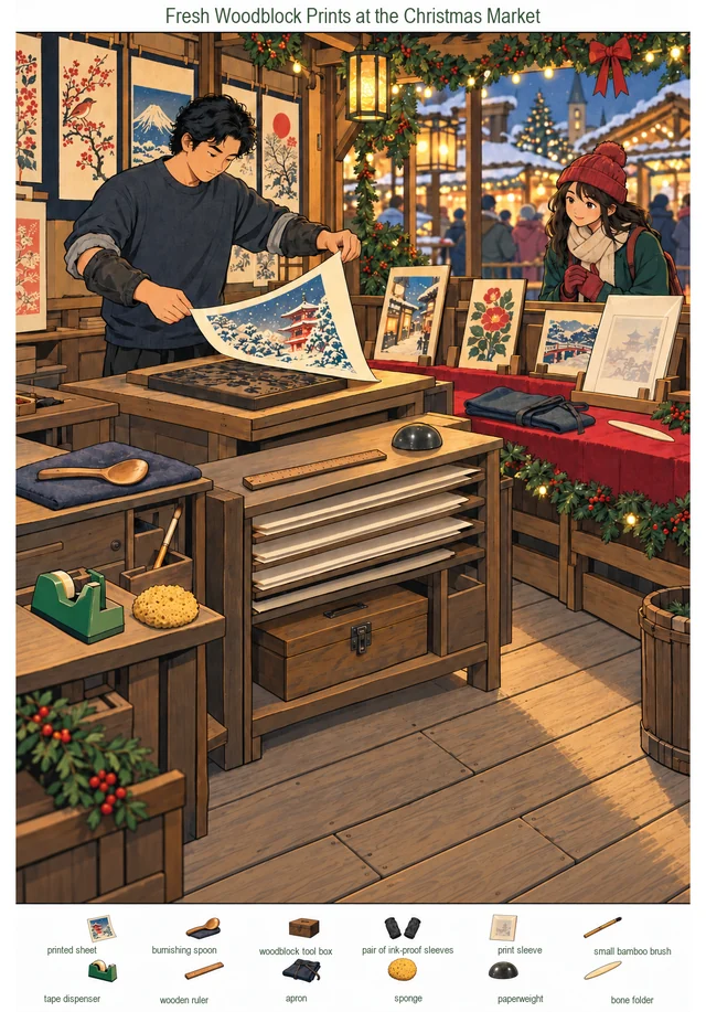 Fresh Woodblock Prints at the Christmas Market colorful hidden picture puzzle preview