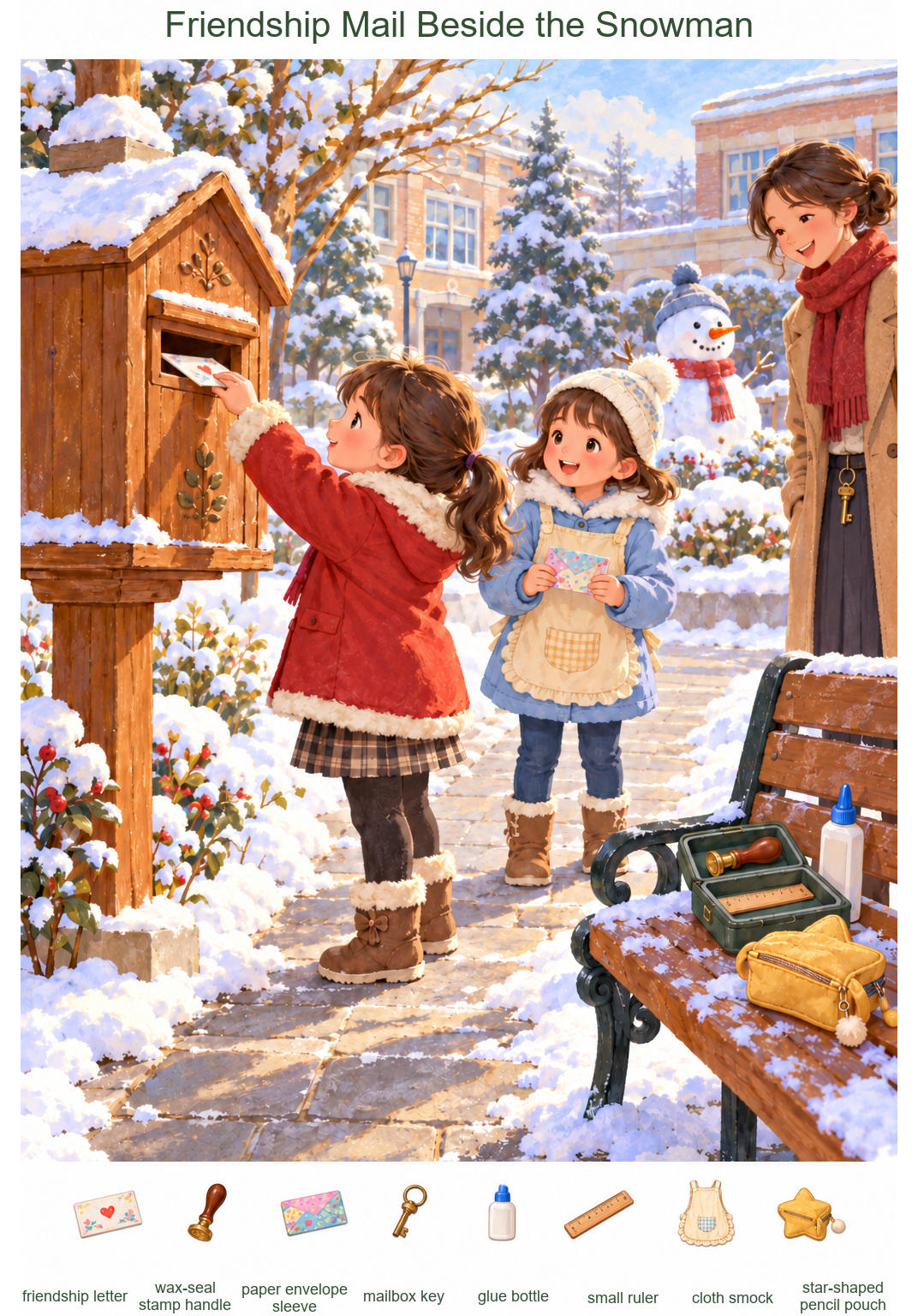 Friendship Mail Beside the Snowman – full-color hidden picture puzzle with 8 objects to find
