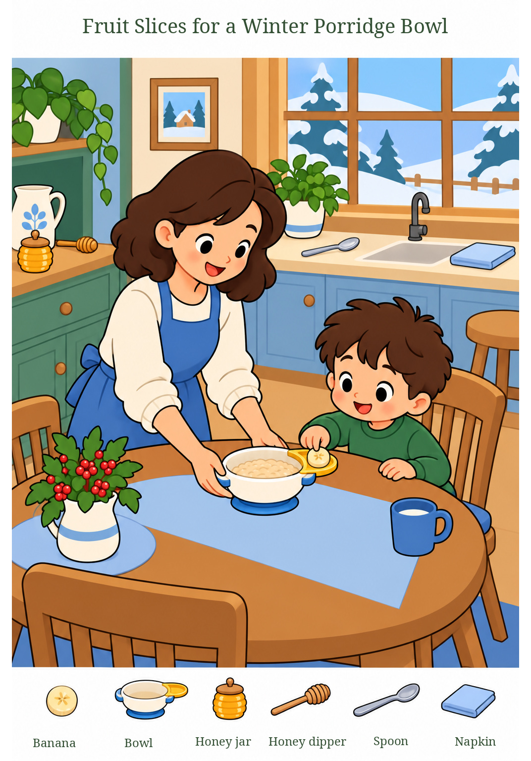 Fruit Slices for a Winter Porridge Bowl – full-color hidden picture puzzle with 6 objects to find