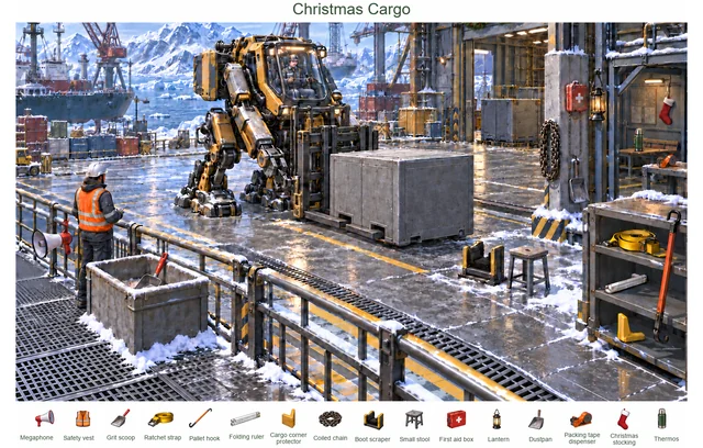 Heavy Cargo Mech at Christmas Harbor colorful hidden picture puzzle preview