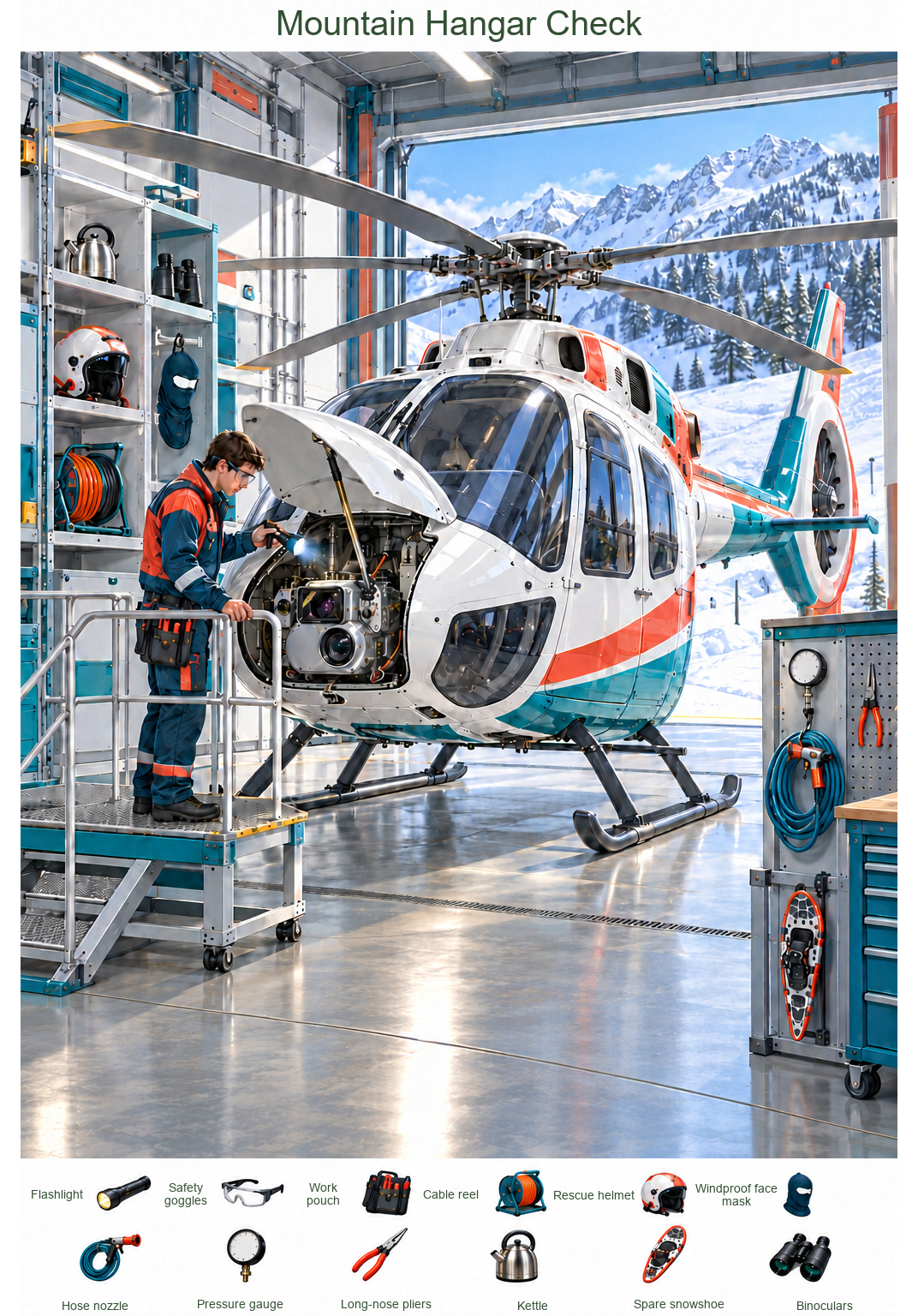 Helicopter Inspection at the Snow Rescue Base – full-color hidden picture puzzle with 12 objects to find