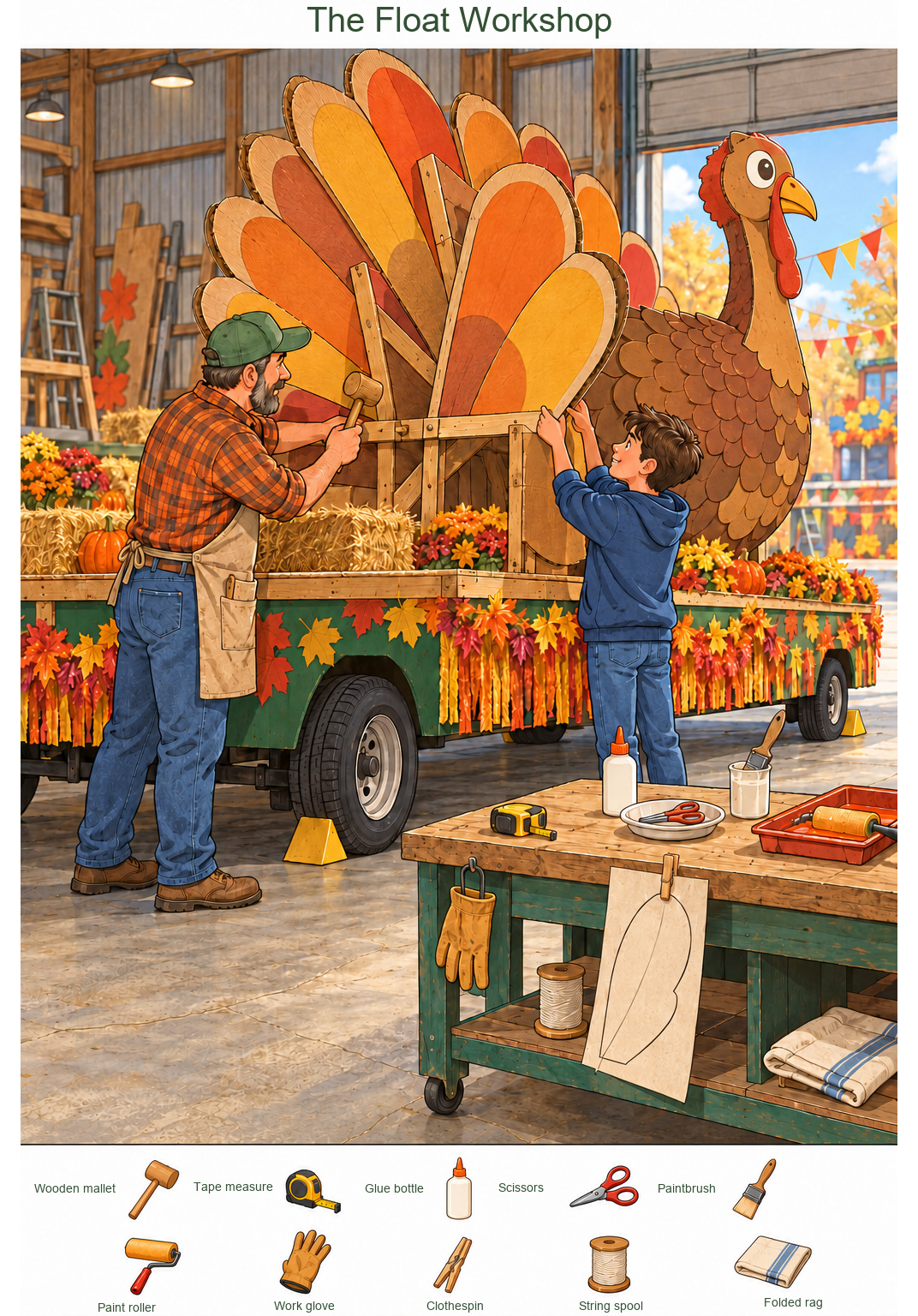 Inside the Thanksgiving Float Workshop – full-color hidden picture puzzle with 10 objects to find