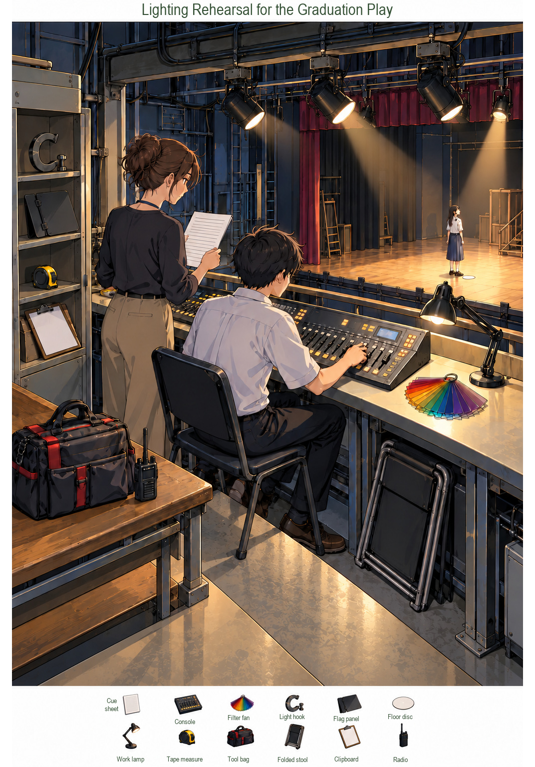 Lighting Rehearsal for the Graduation Play – full-color hidden picture puzzle with 12 objects to find