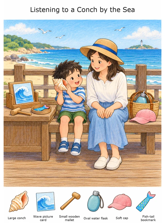 Listening to a Conch by the Sea colorful hidden picture puzzle preview