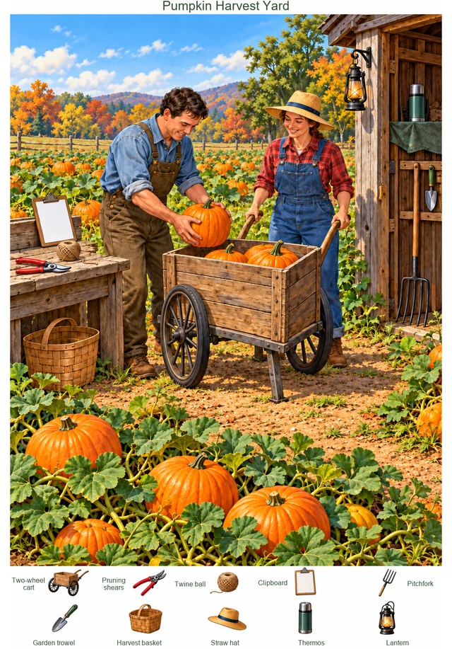 Loading Pumpkins in the Harvest Yard colorful hidden picture puzzle preview