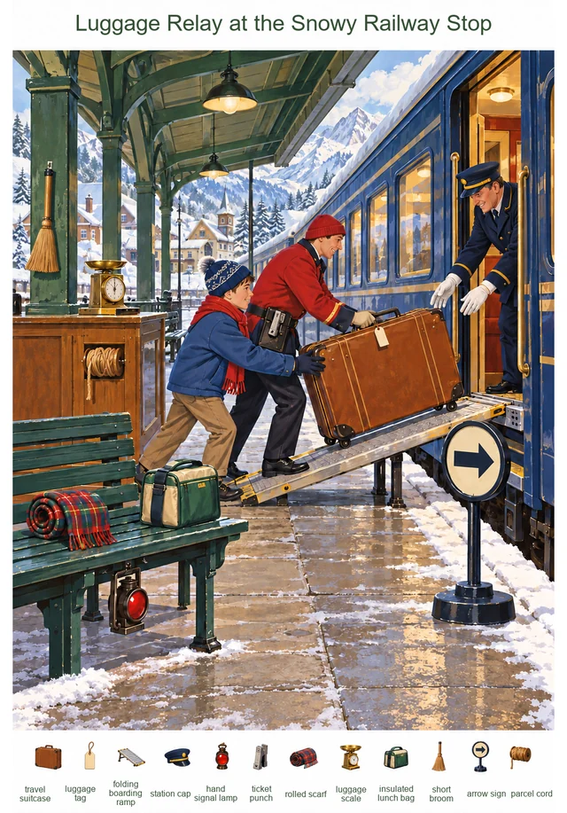 Luggage Relay at the Snowy Railway Stop colorful hidden picture puzzle preview