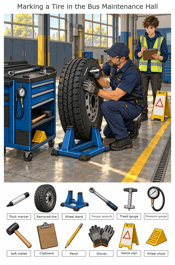 Marking a Tire in the Bus Maintenance Hall colorful hidden picture puzzle preview