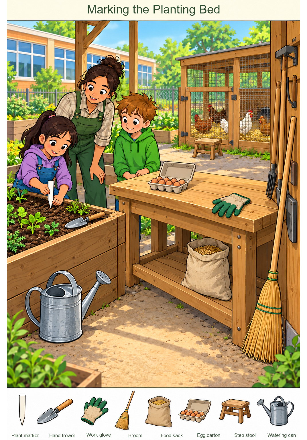 Marking the Planting Bed – full-color hidden picture puzzle with 8 objects to find