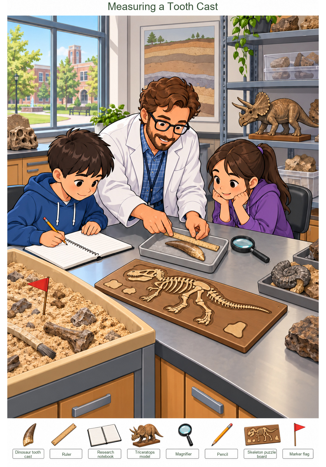 Measuring a Tooth Cast – full-color hidden picture puzzle with 8 objects to find