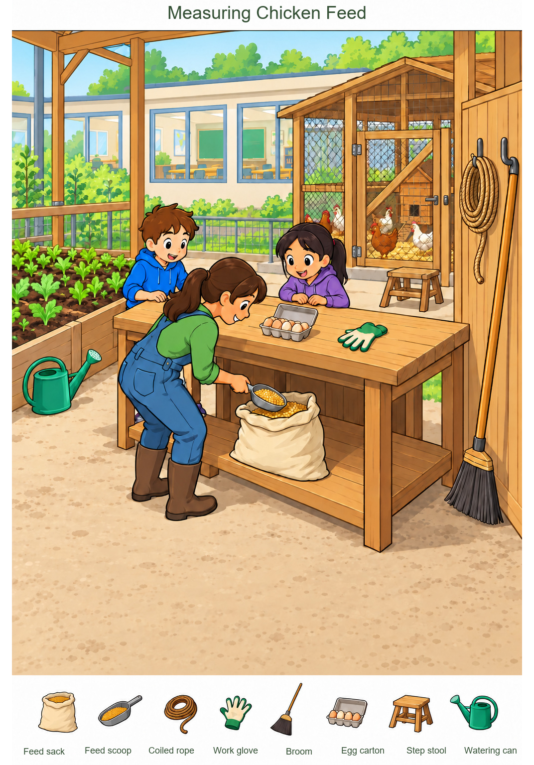 Measuring Chicken Feed – full-color hidden picture puzzle with 8 objects to find