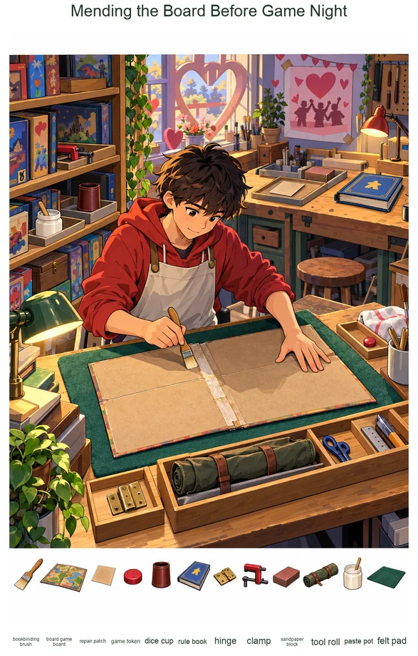 Mending the Board Before Game Night colorful hidden picture puzzle preview