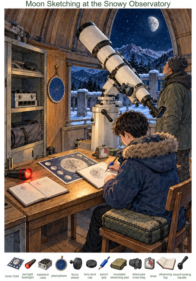 Moon Sketching at the Snowy Observatory colorful hidden picture puzzle preview