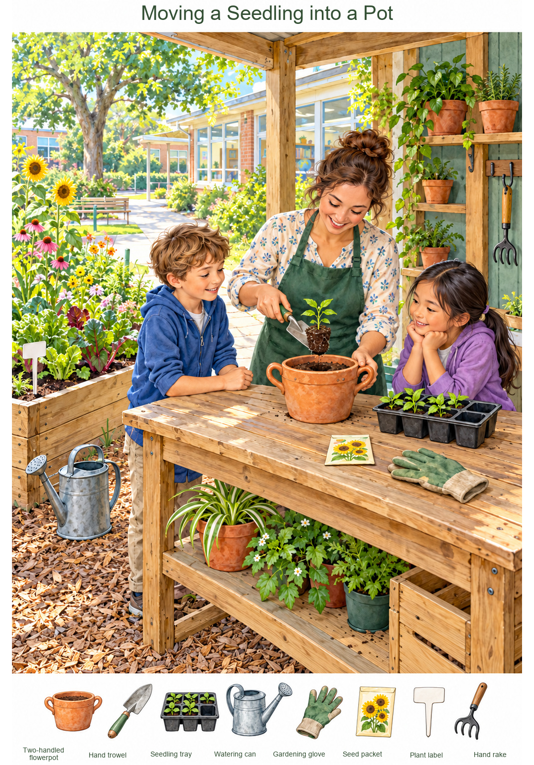 Moving a Seedling into a Pot – full-color hidden picture puzzle with 8 objects to find