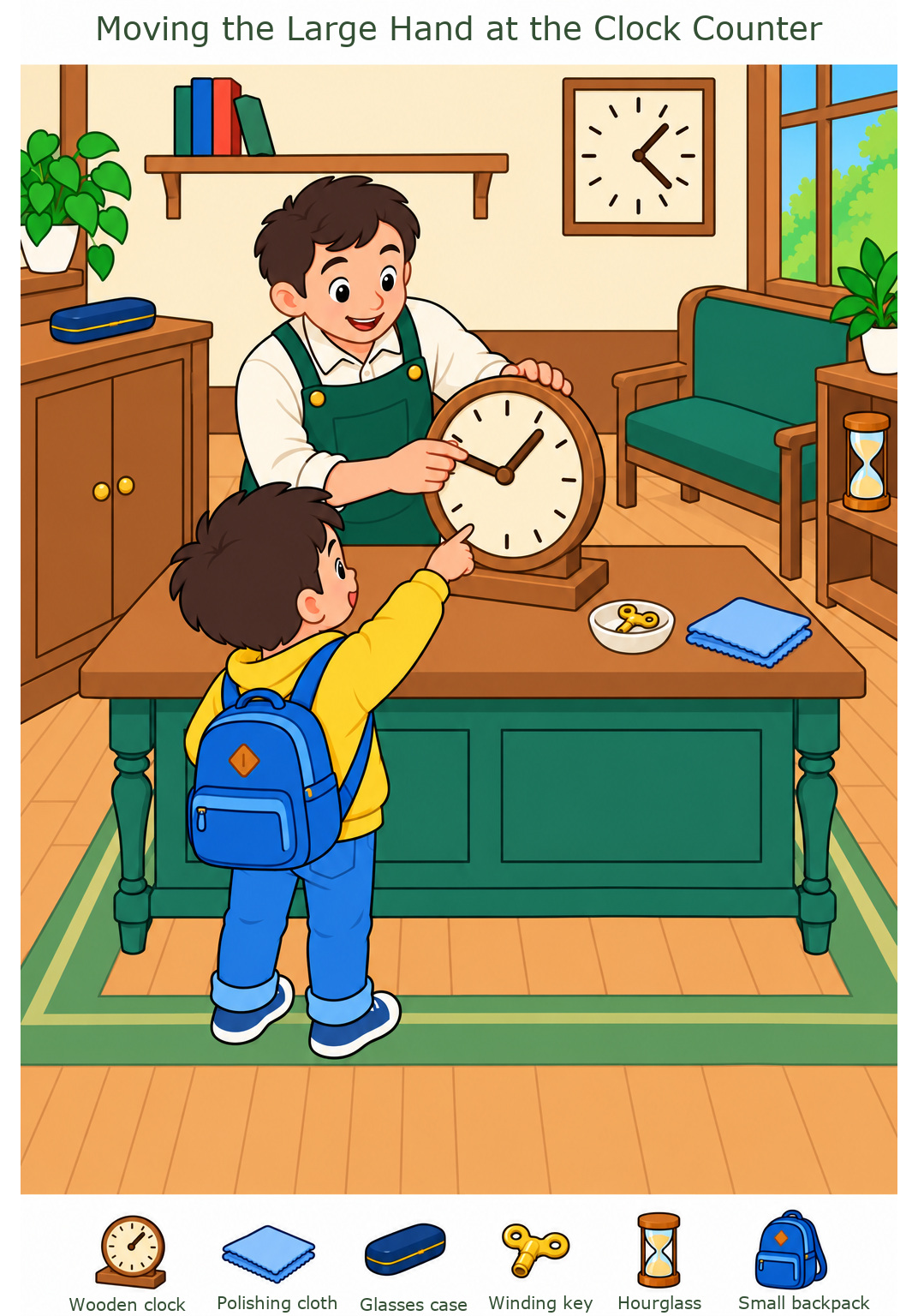 Moving the Large Hand at the Clock Counter – full-color hidden picture puzzle with 6 objects to find