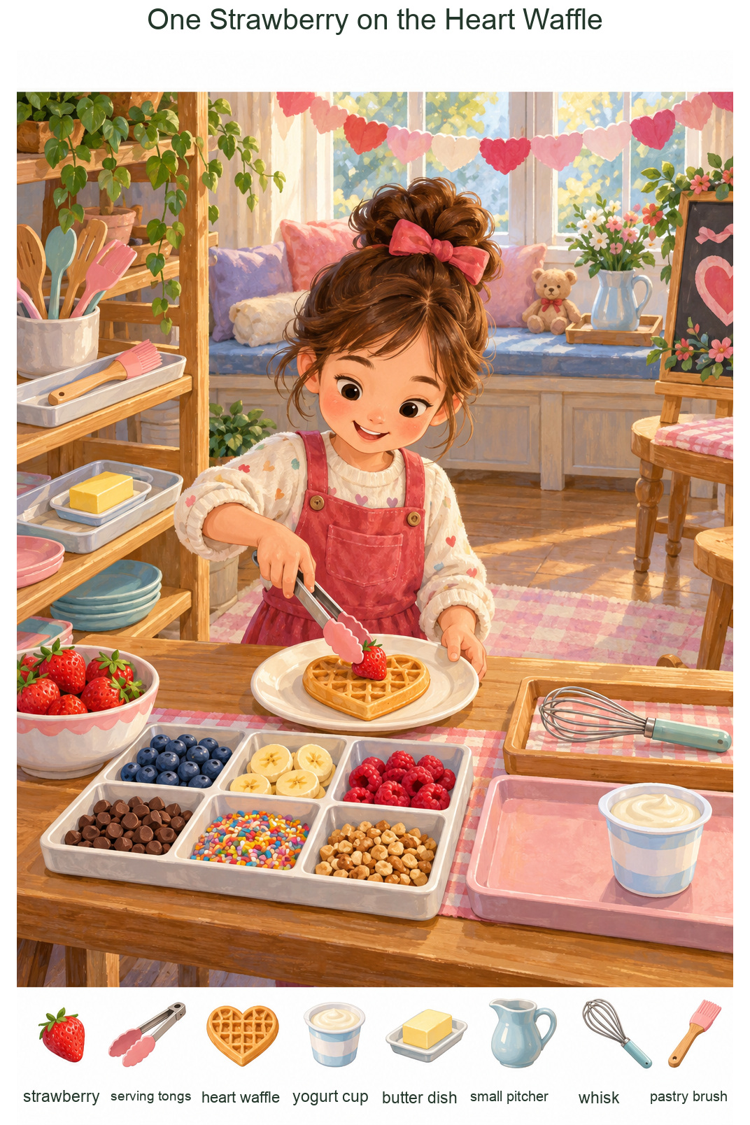 One Strawberry on the Heart Waffle – full-color hidden picture puzzle with 8 objects to find