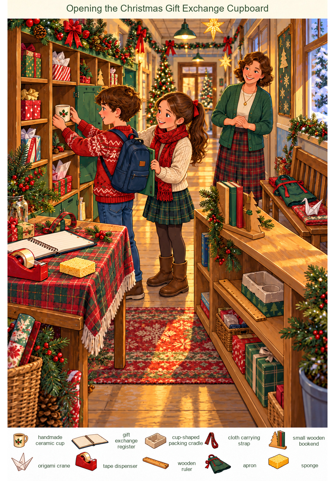 Opening the Christmas Gift Exchange Cupboard – full-color hidden picture puzzle with 10 objects to find