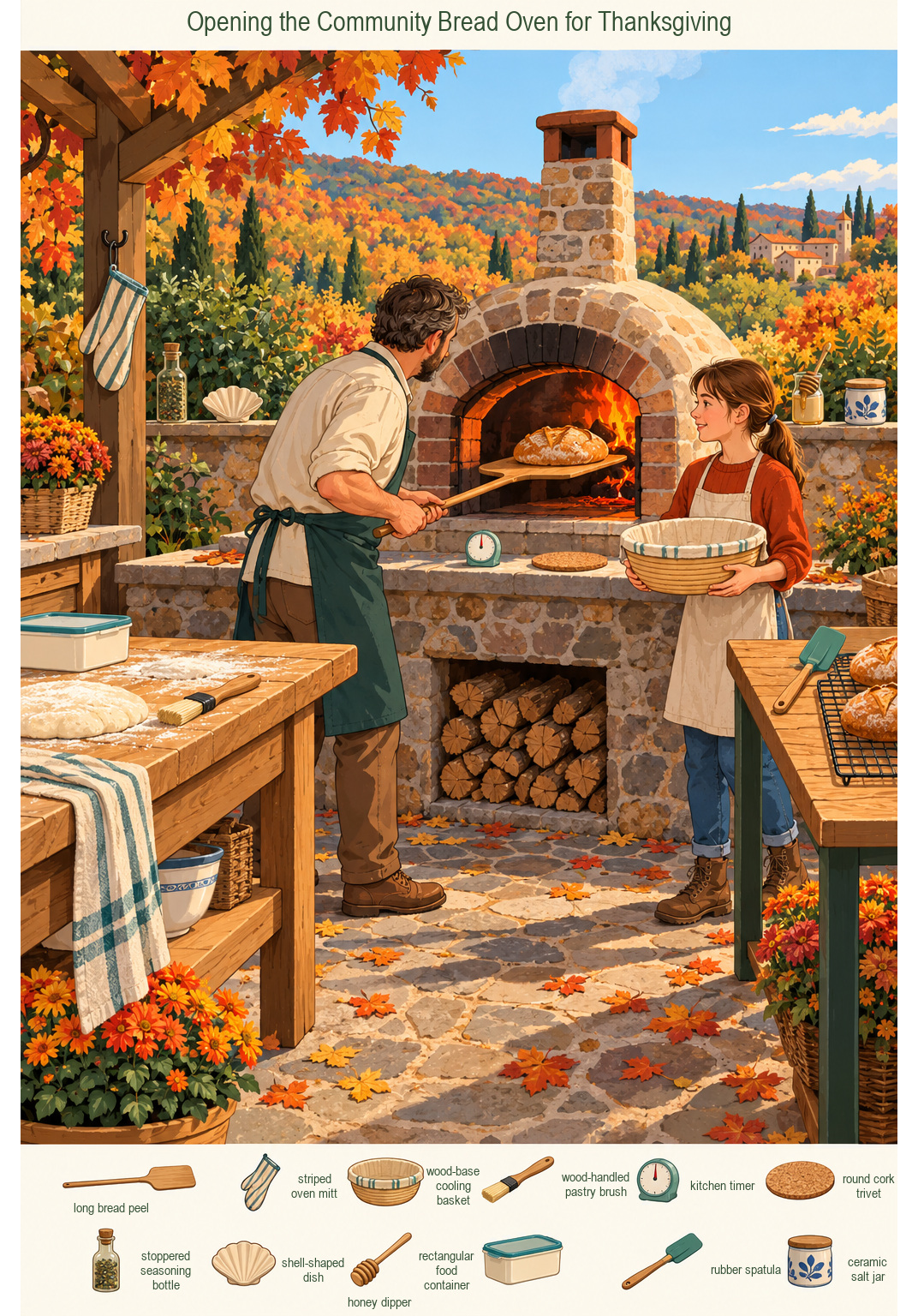 Opening the Community Bread Oven for Thanksgiving – full-color hidden picture puzzle with 12 objects to find