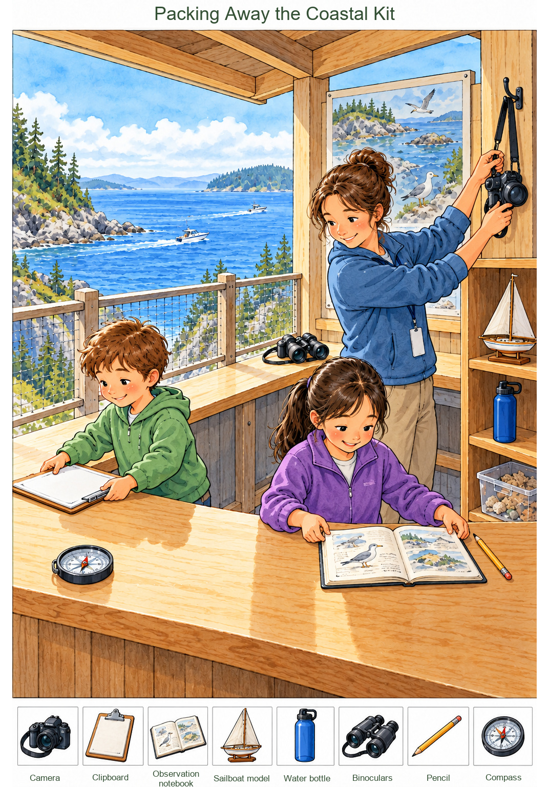 Packing Away the Coastal Kit – full-color hidden picture puzzle with 8 objects to find