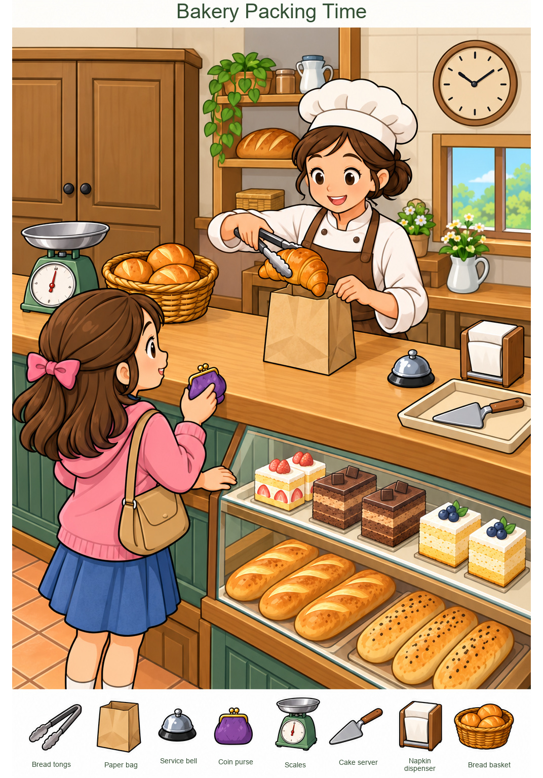 Packing Breakfast at the Bakery Counter – full-color hidden picture puzzle with 8 objects to find