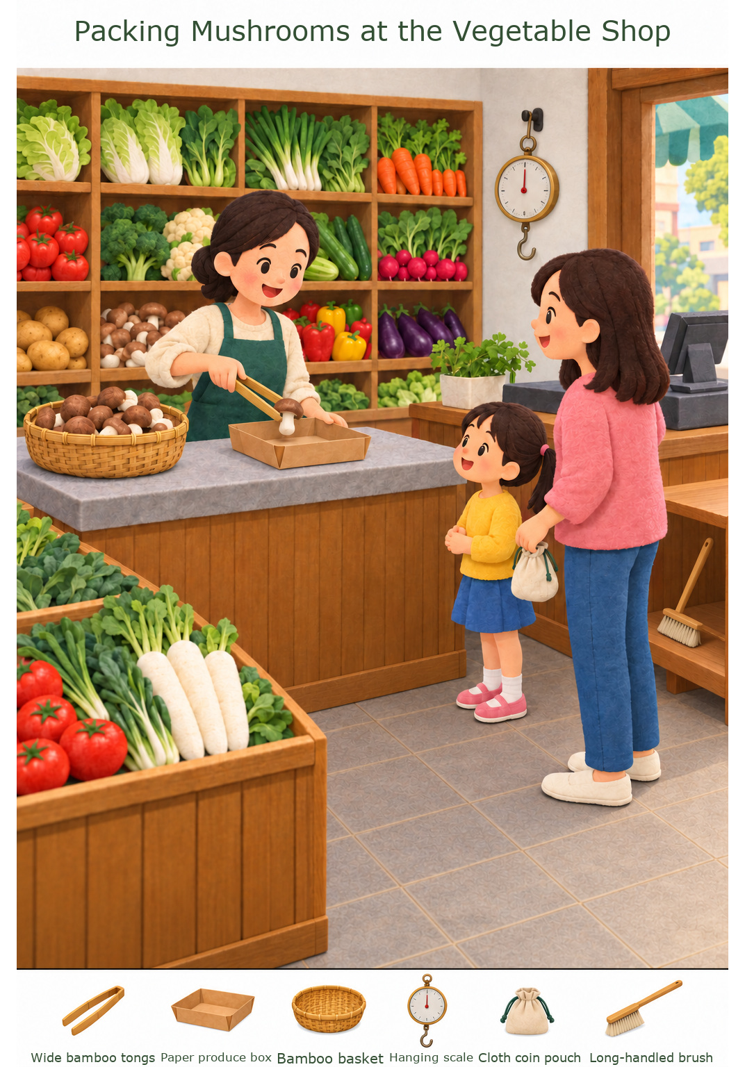 Packing Mushrooms at the Vegetable Shop – full-color hidden picture puzzle with 6 objects to find
