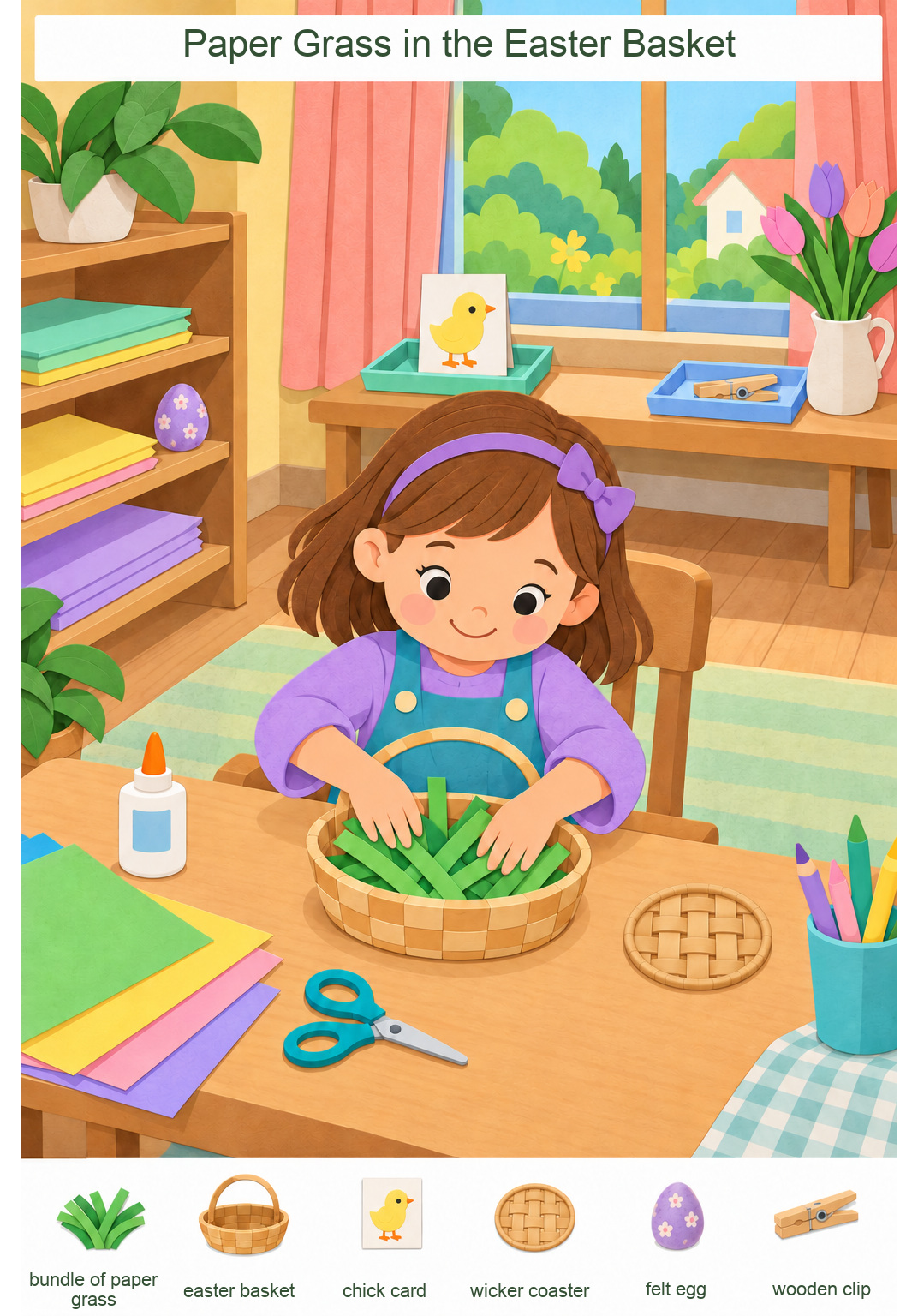 Paper Grass in the Easter Basket – full-color hidden picture puzzle with 6 objects to find
