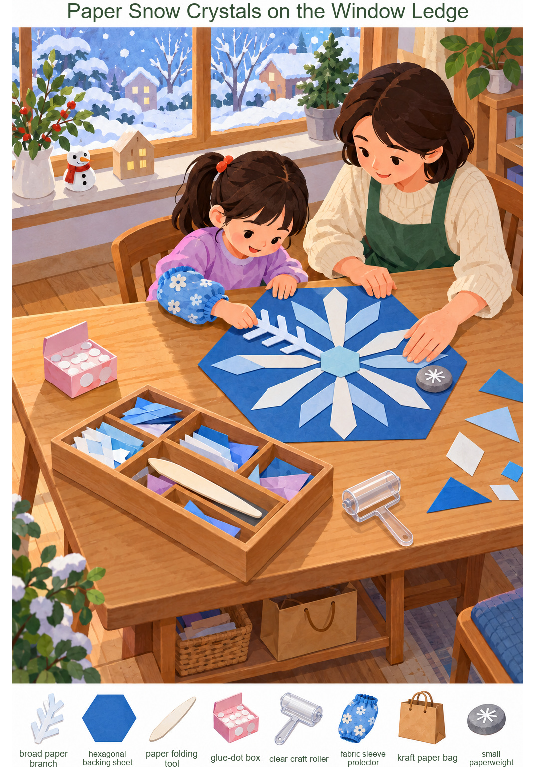 Paper Snow Crystals on the Window Ledge – full-color hidden picture puzzle with 8 objects to find