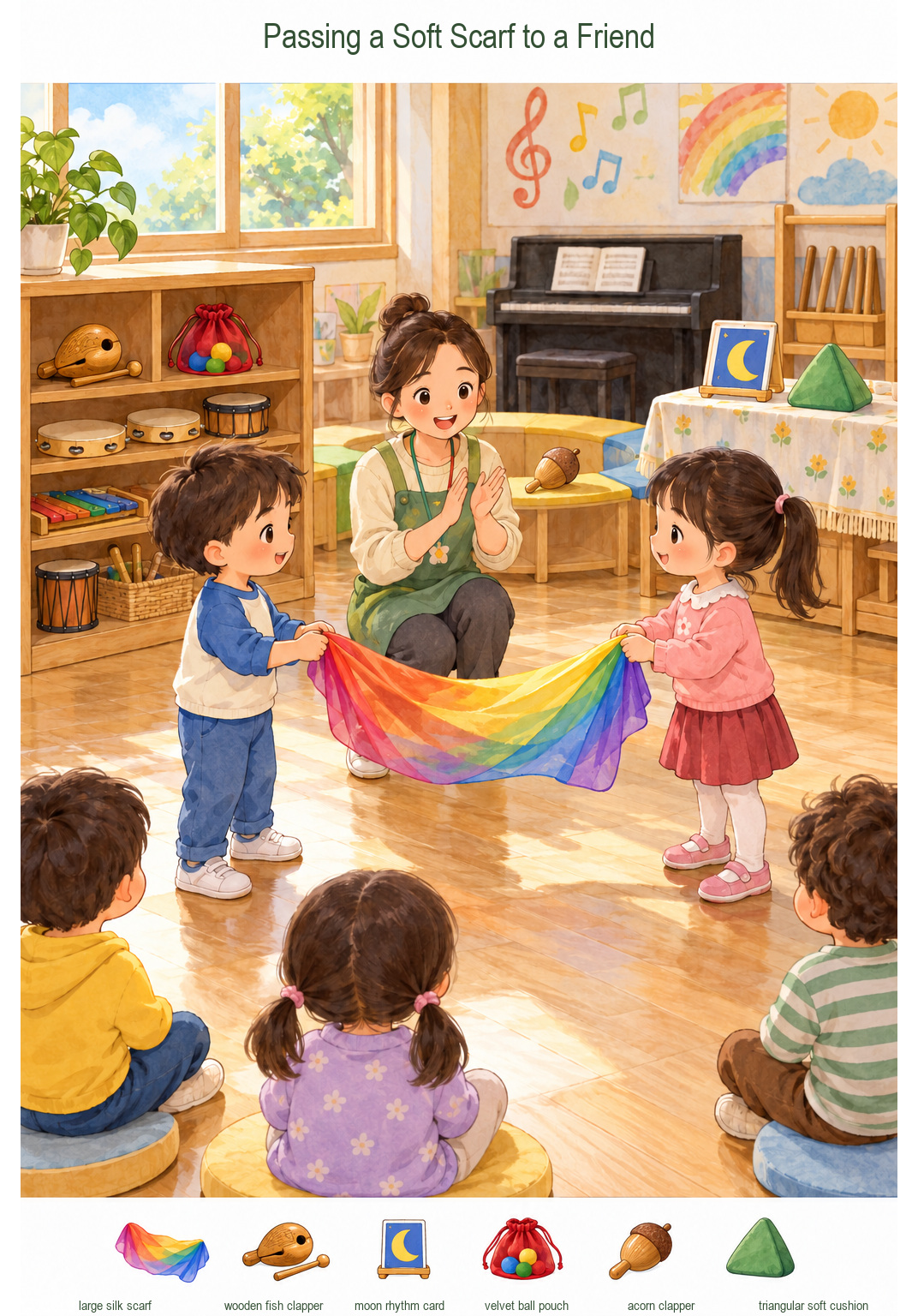 Passing a Soft Scarf to a Friend – full-color hidden picture puzzle with 6 objects to find