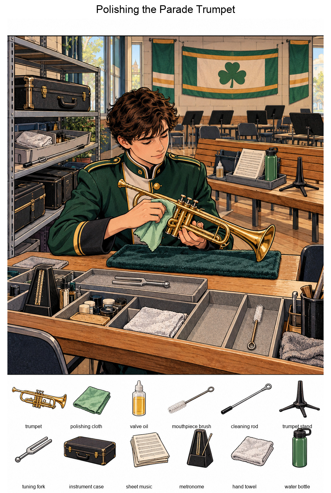 Polishing the Parade Trumpet – full-color hidden picture puzzle with 12 objects to find