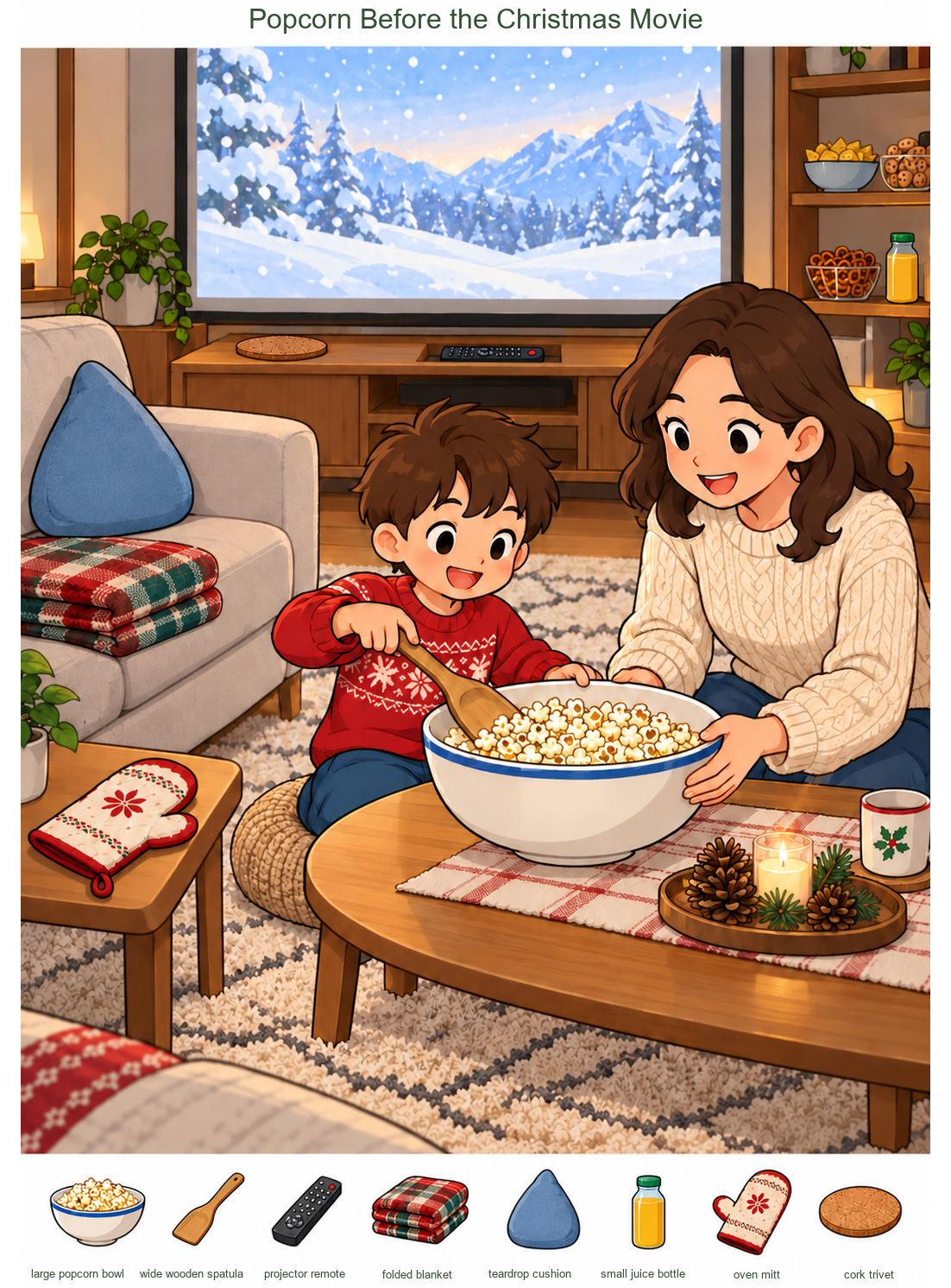 Popcorn Before the Christmas Movie – full-color hidden picture puzzle with 8 objects to find