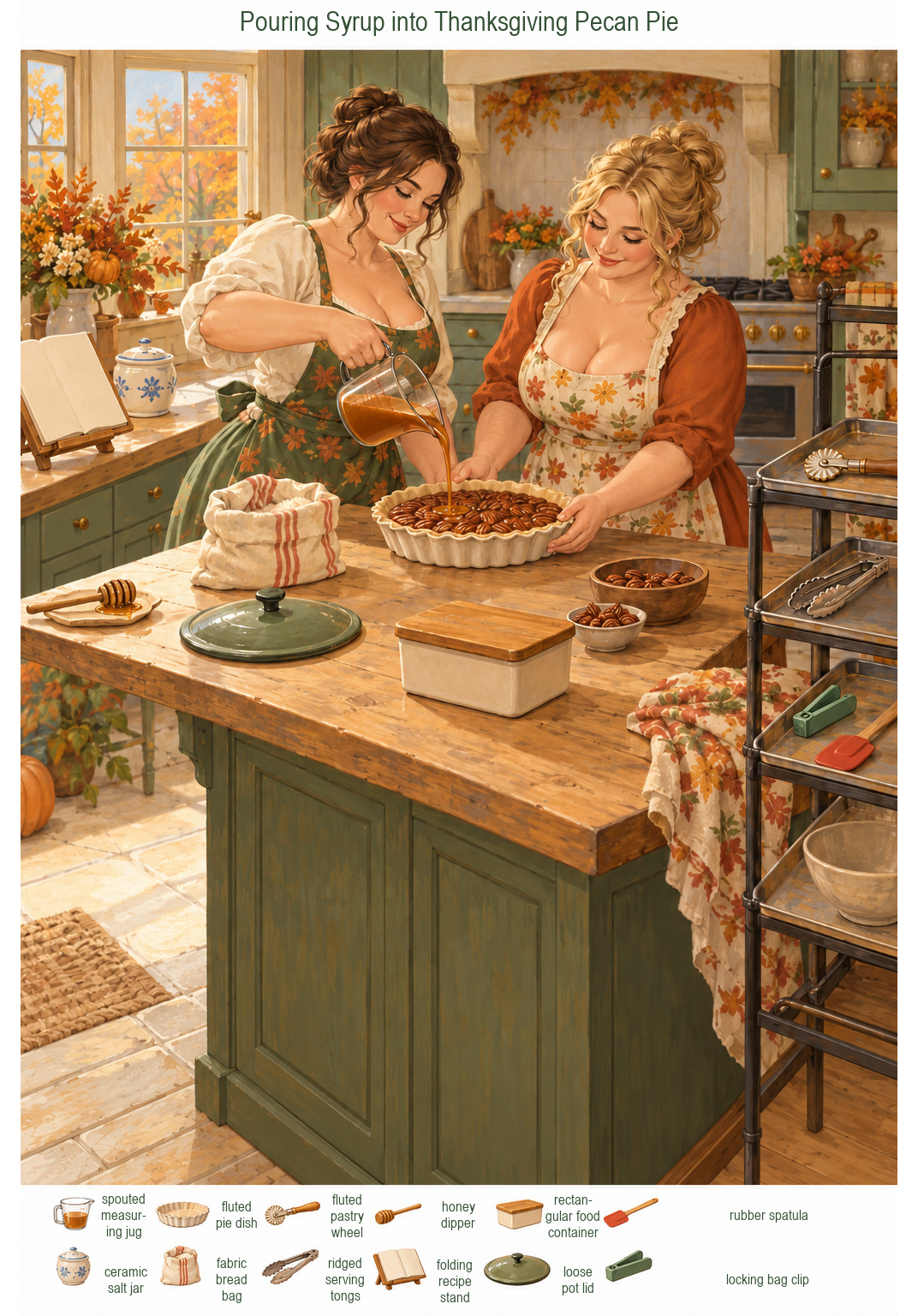 Pouring Syrup into Thanksgiving Pecan Pie – full-color hidden picture puzzle with 12 objects to find