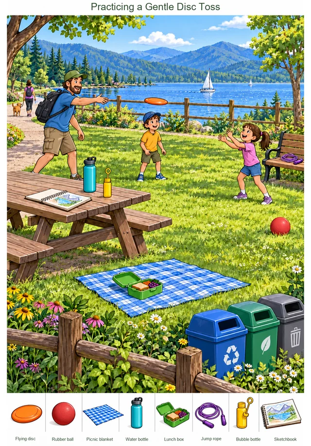 Practicing a Gentle Disc Toss colorful hidden picture puzzle preview