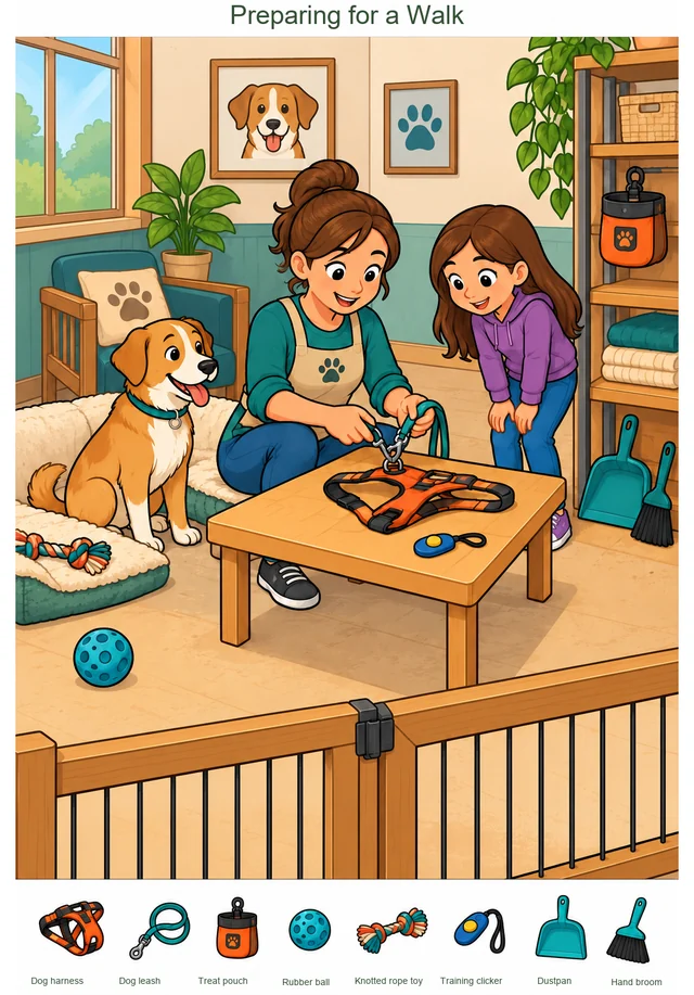 Preparing for a Walk colorful hidden picture puzzle preview