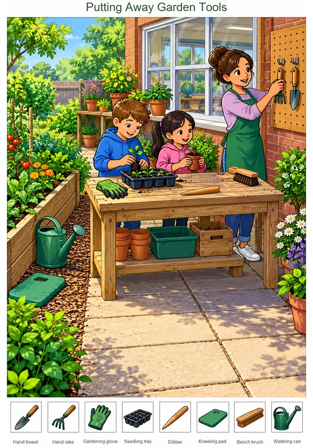 Putting Away Garden Tools colorful hidden picture puzzle preview