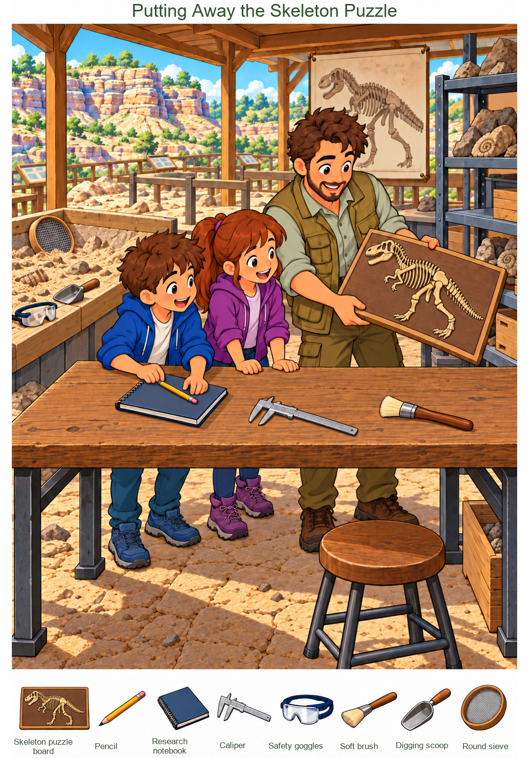 Putting Away the Skeleton Puzzle – full-color hidden picture puzzle with 8 objects to find